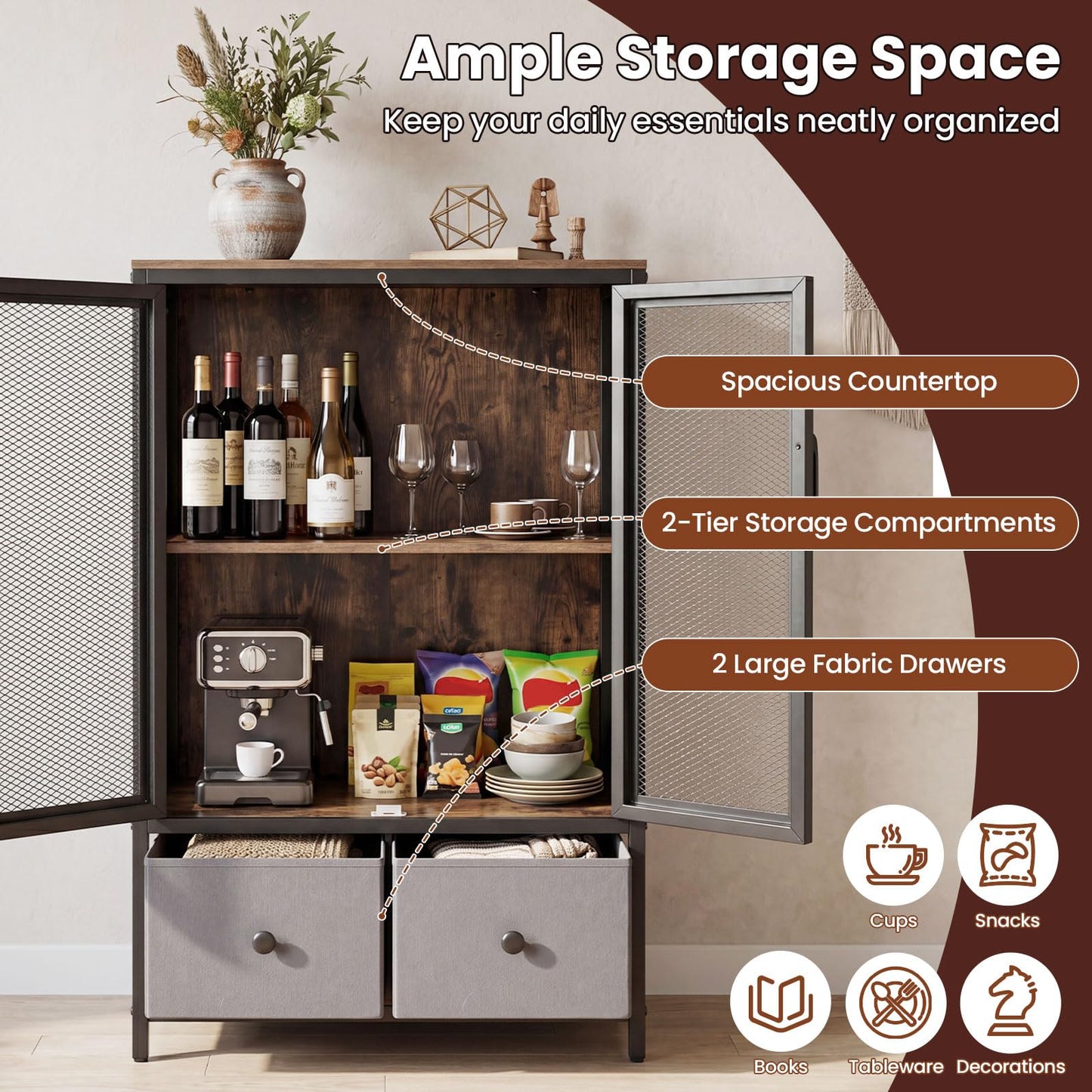 Sideboard Storage Cabinet with 2 Mesh Doors & 2 Fabric Drawers