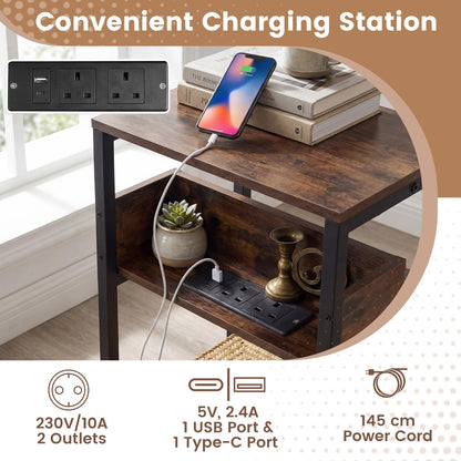 Side Table with Charging Station, 3-Tier Industrial Nightstand Bedside Table