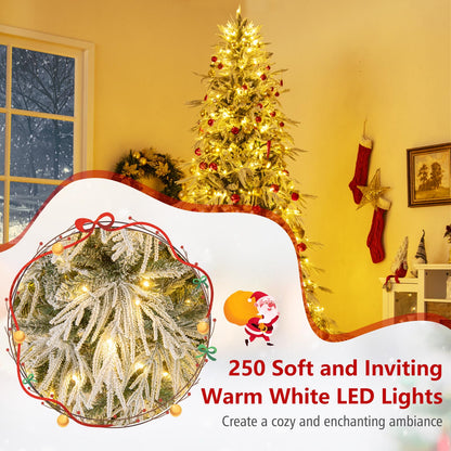 6 FT Artificial Christmas Tree Flocked Xmas Tree with 250 Warm White LED Lights and Folding Metal Stand