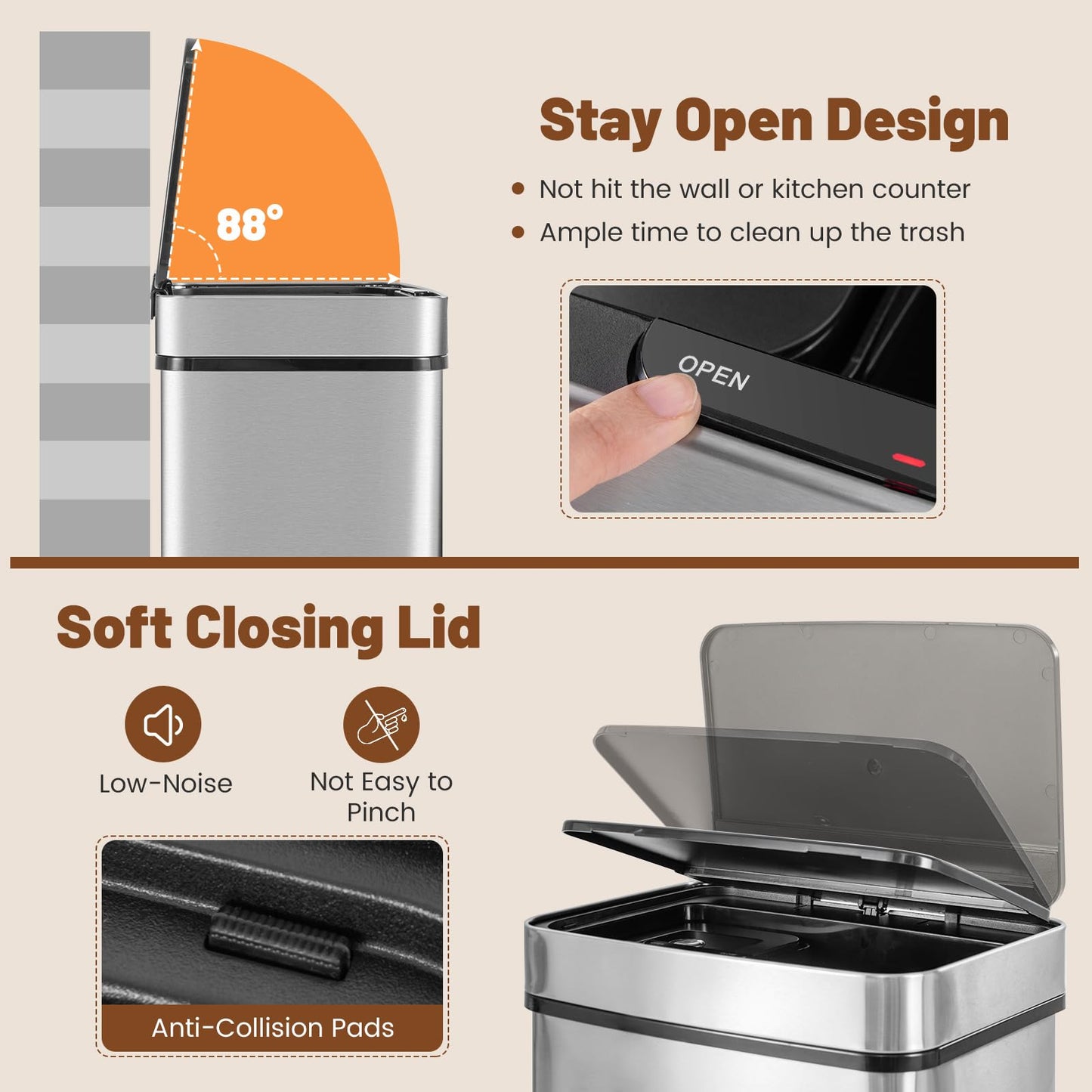 72L Stainless Steel Trash Can Motion Sensor Garbage Bin