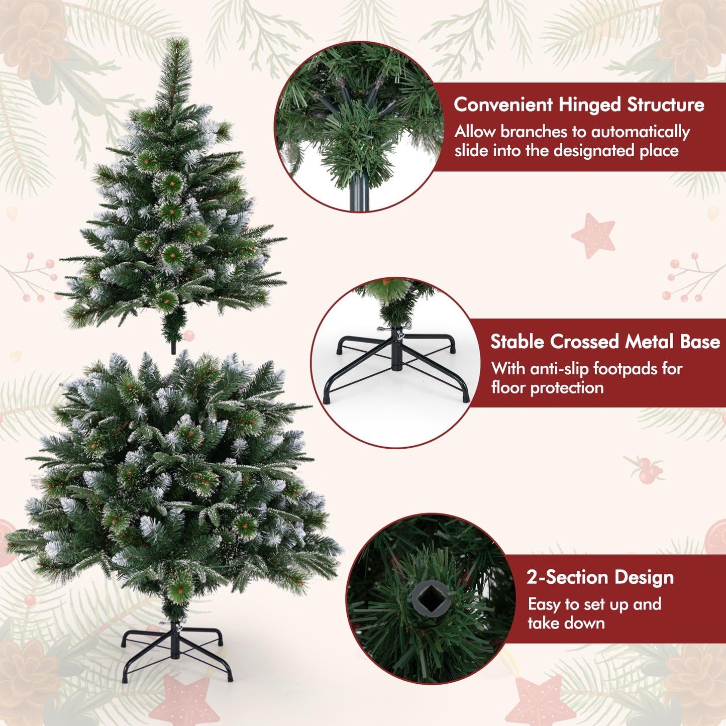 180/150 CM Pre-Lit Artificial Christmas Tree with 856/476 Pine Needles/Flocked PVC/PE Tips