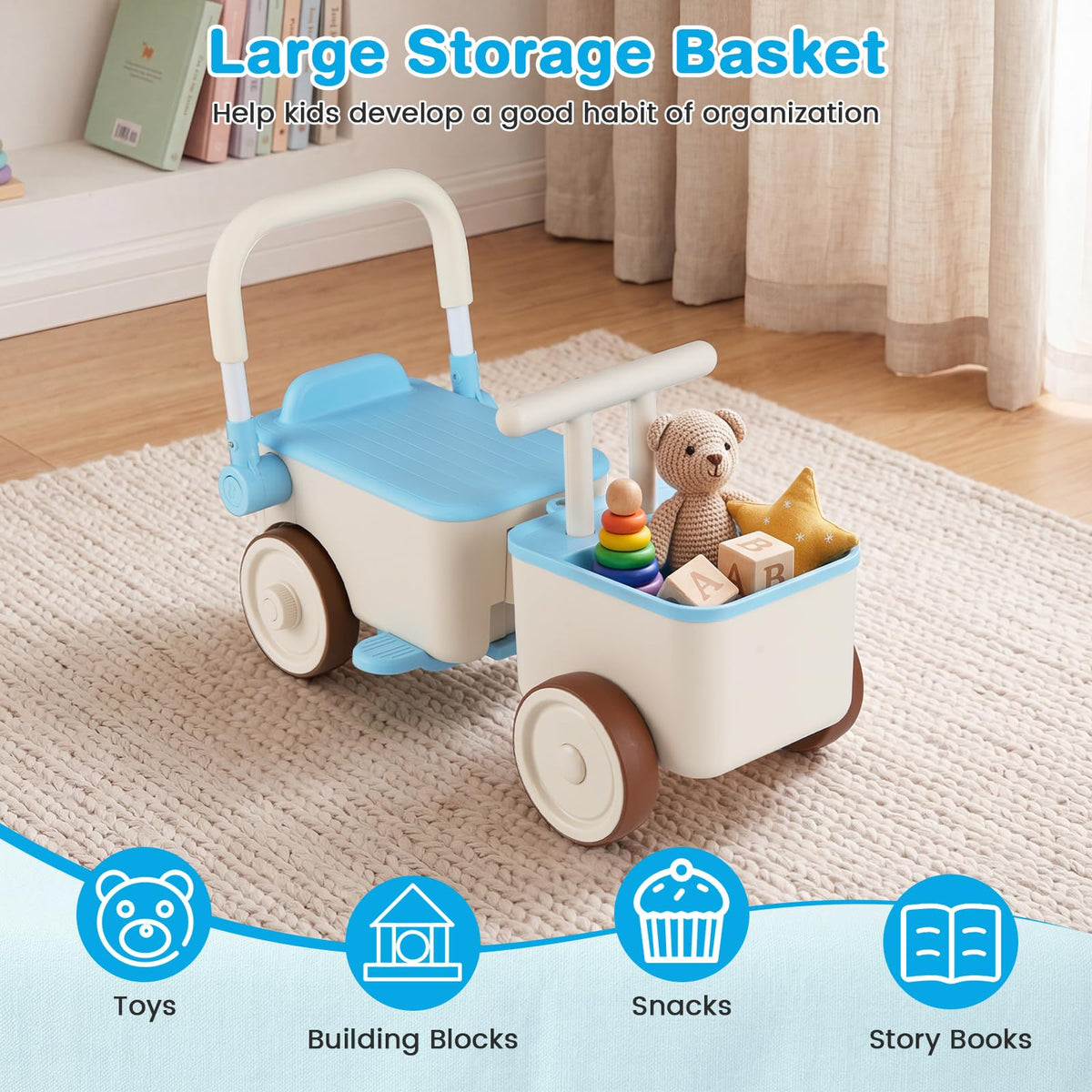 3-in-1 Kids Ride On Push Car with Foldable Push Handle and Storage Basket