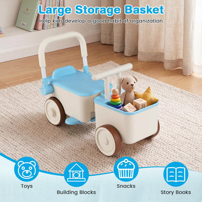 3-in-1 Kids Ride On Push Car with Foldable Push Handle and Storage Basket