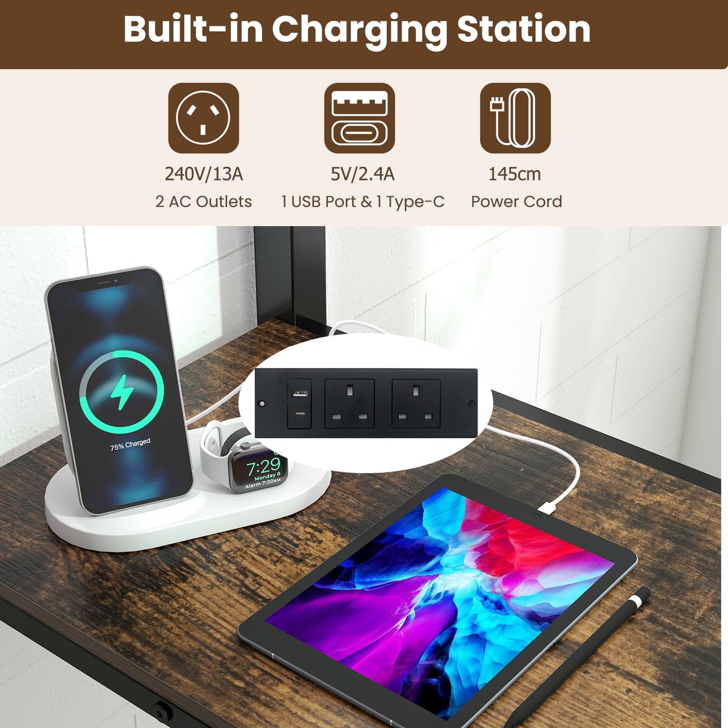 Metal Bunk Bed with Desk, RGB LED Lights, Charging Station