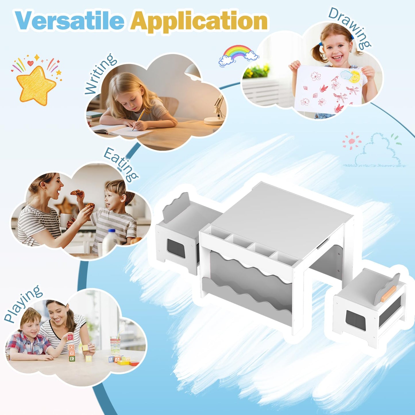 Kids Table and Chairs, Multifunctional Activity Desk Set with Double-sided Tabletop