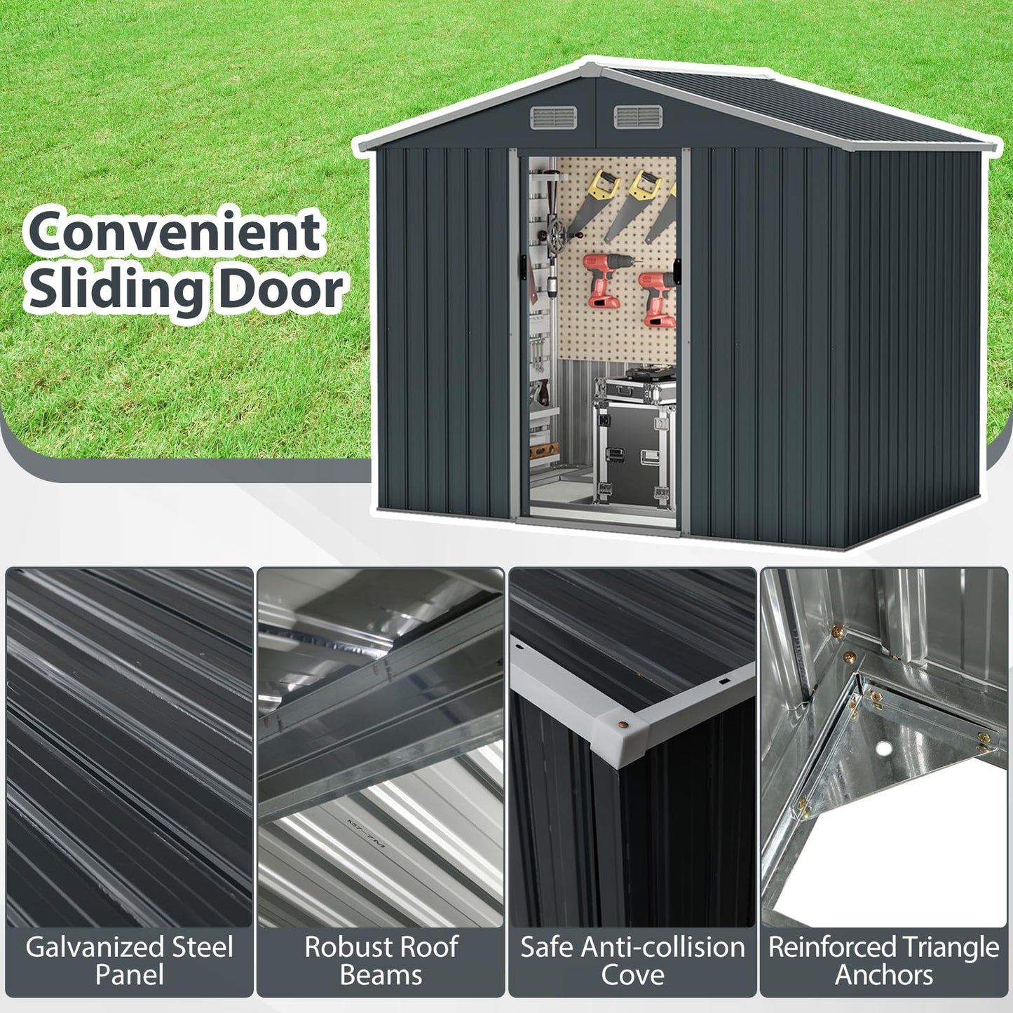8x6FT Galvanized Metal Garden Shed Outdoor Lockable Tool Storage House