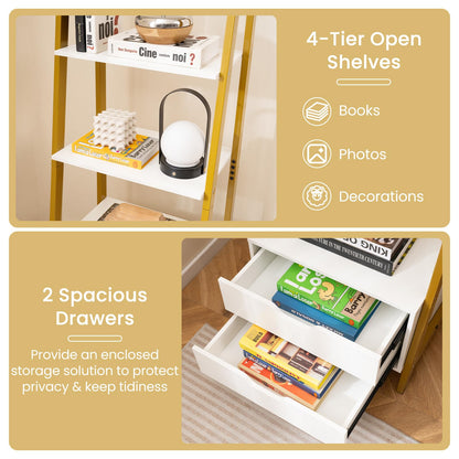 Ladder Bookshelf with Storage with 4 Open Shelves and 2 Drawers