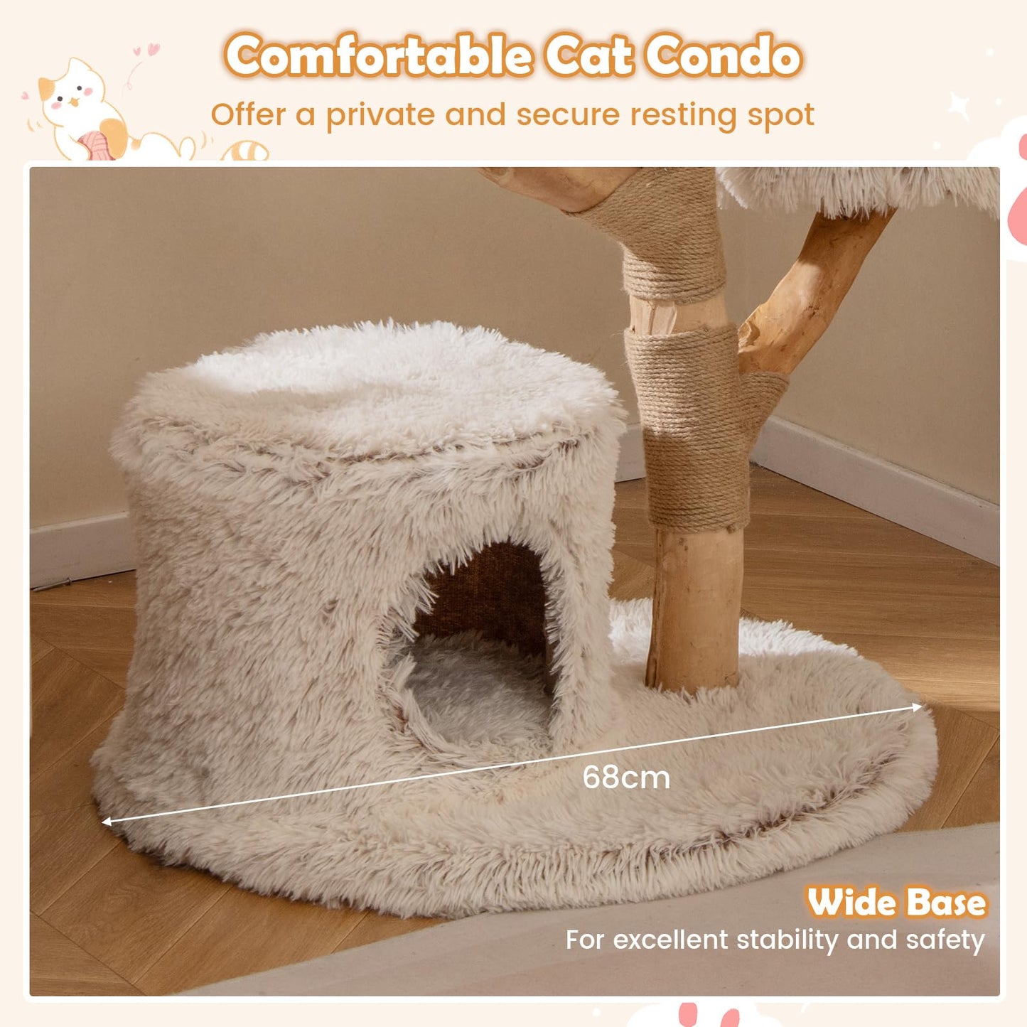 102 CM Tall Real Wood Branch Kitten Tower with Condo and 2 Flower Platforms