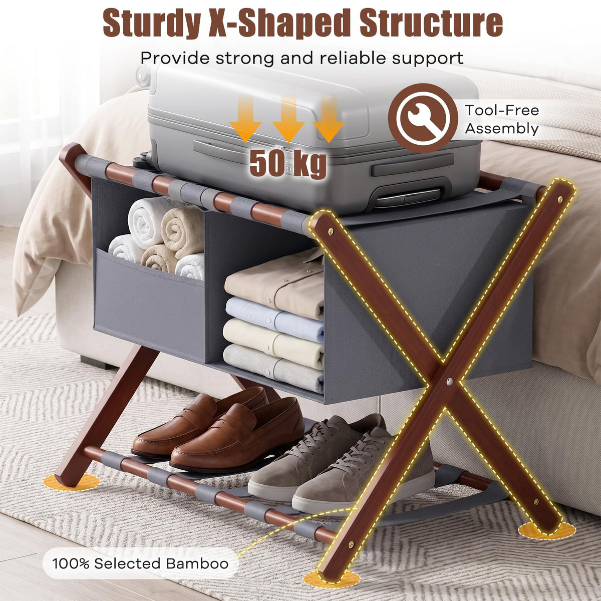 68 cm Foldable Bamboo Luggage Rack with Removable 2-Compartment Storage Bag