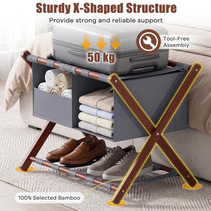 68 cm Foldable Bamboo Luggage Rack with Removable 2-Compartment Storage Bag