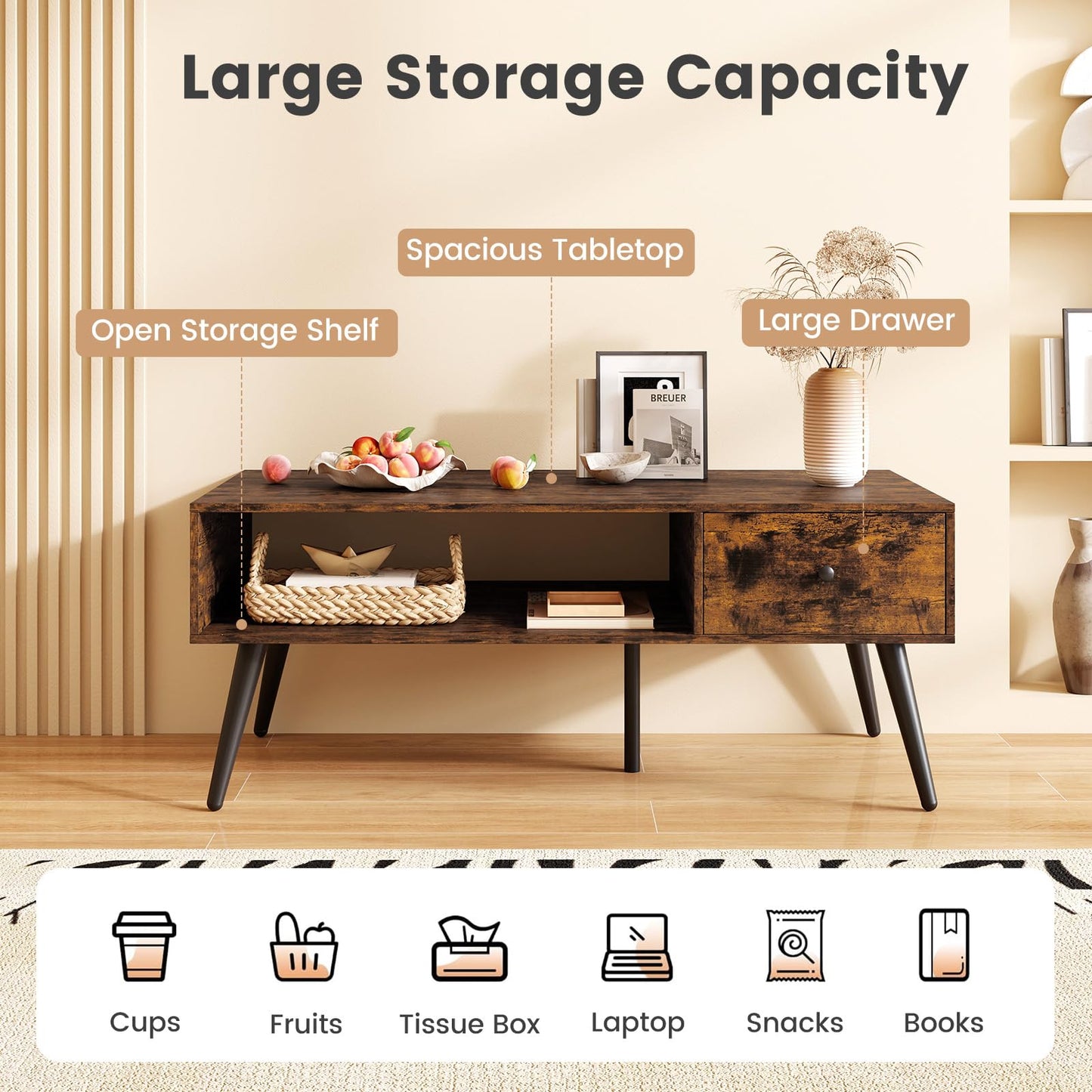 109cm Rectangular Wooden Coffee Table with Drawer and Storage Shelf
