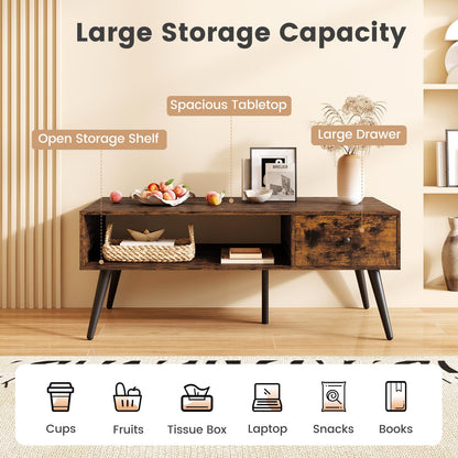 109cm Rectangular Wooden Coffee Table with Drawer and Storage Shelf