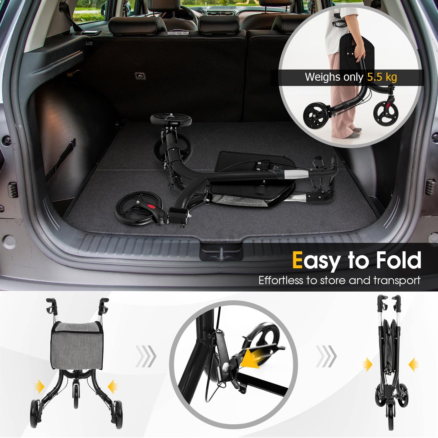 Folding Aluminum Rolling Walker with Zippered Storage Bag and Safe Dual Brake System