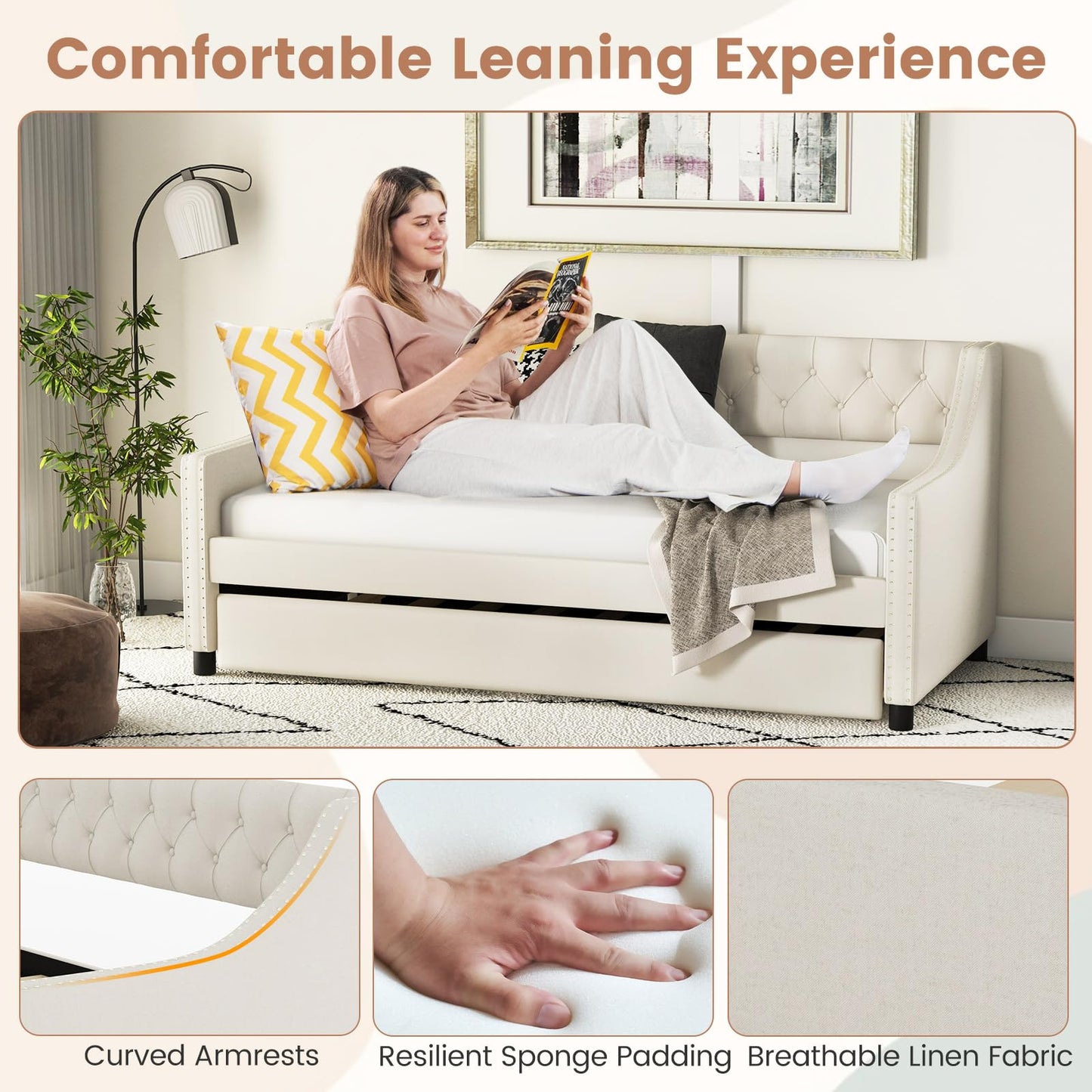 Single Size Trundle Bed Linen Upholstered Daybed with Backrest