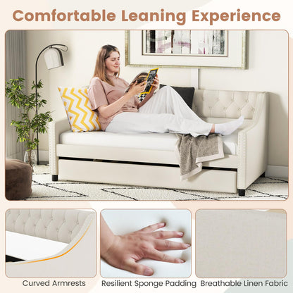 Single Size Trundle Bed Linen Upholstered Daybed with Backrest