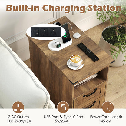 Narrow Bedside Table with Charging Station
