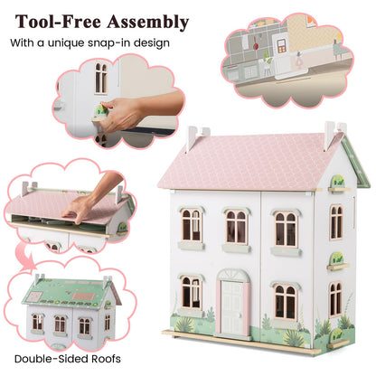 Wooden Dollhouse with Furniture and Accessories for Kids