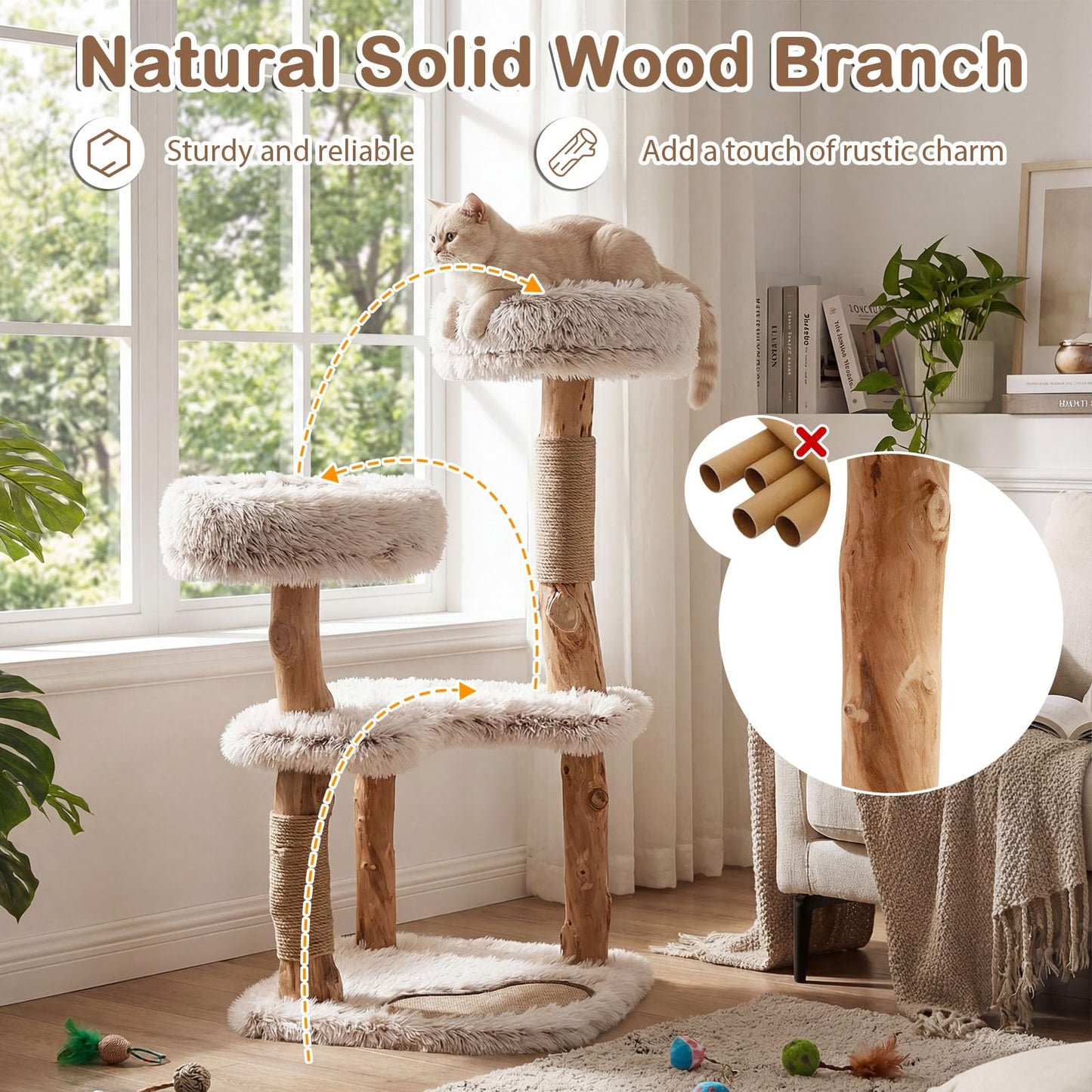 Wooden Cat Tree, Multi-Layer Cats Tower with Jute Scratching Posts