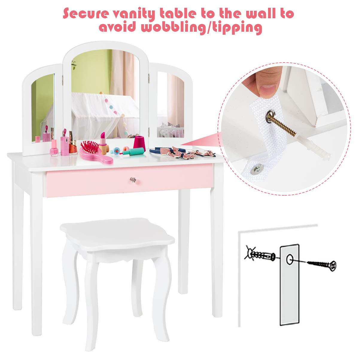 Kids Vanity Table and Stool Set Princess Makeup Dressing Table