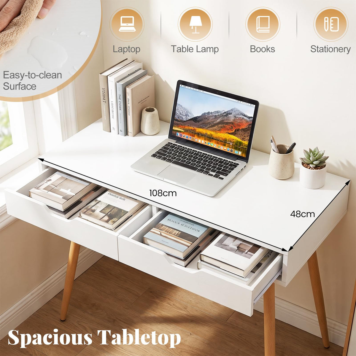 Wooden Computer Desk, 108cm Modern PC Laptop Table Writing Workstation
