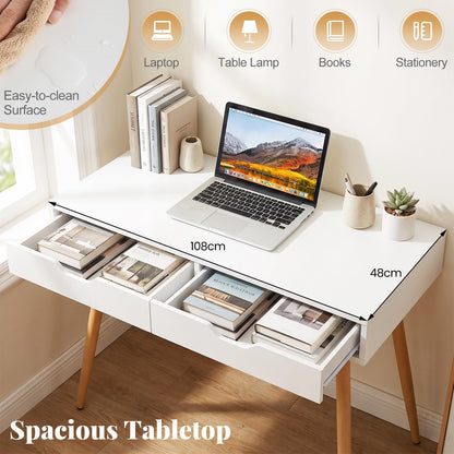 Wooden Computer Desk, 108cm Modern PC Laptop Table Writing Workstation