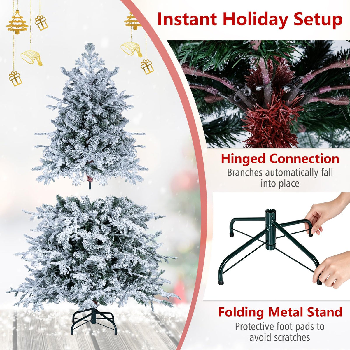 5/6FT Pre-lit Artificial Christmas Tree, Snow Flocked Full Xmas Tree