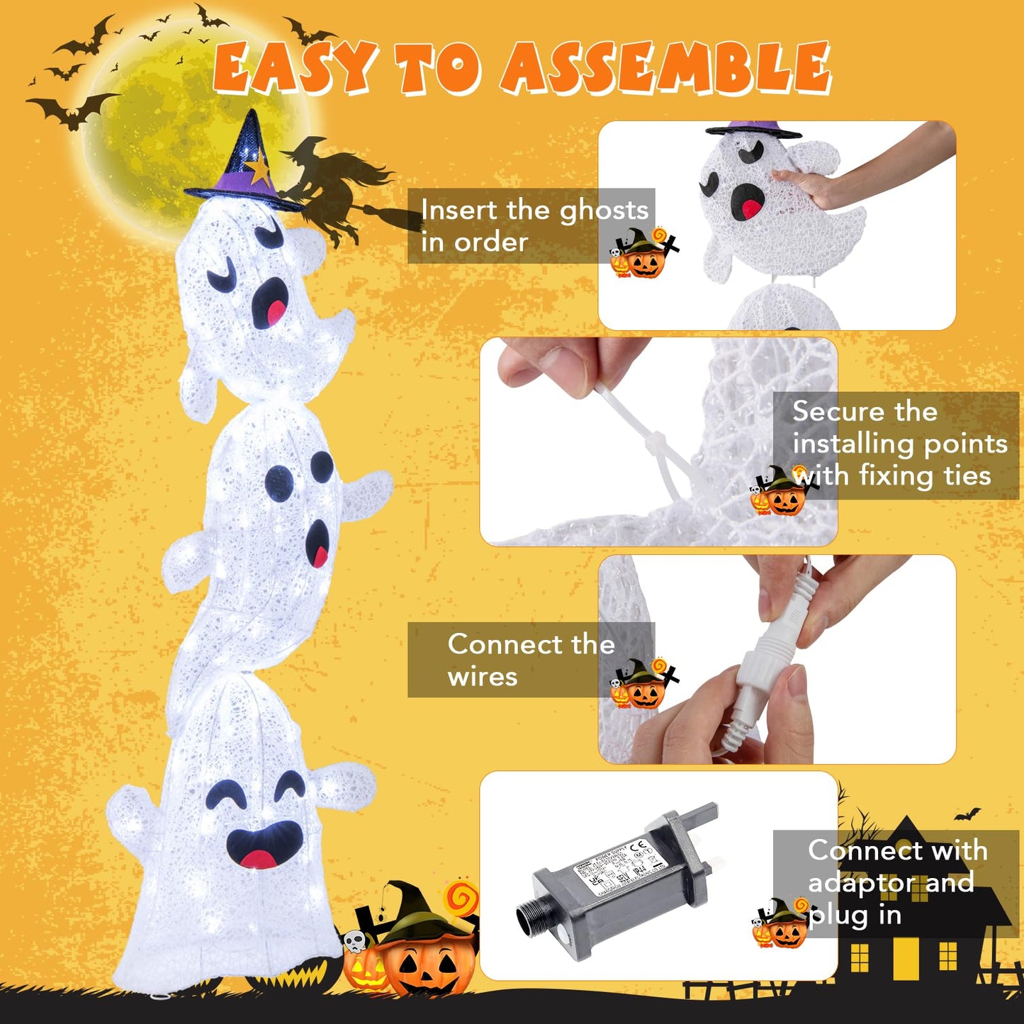 4 FT Lighted Stacked Ghosts with 120 LED Lights and 4 Metal Ground Stakes