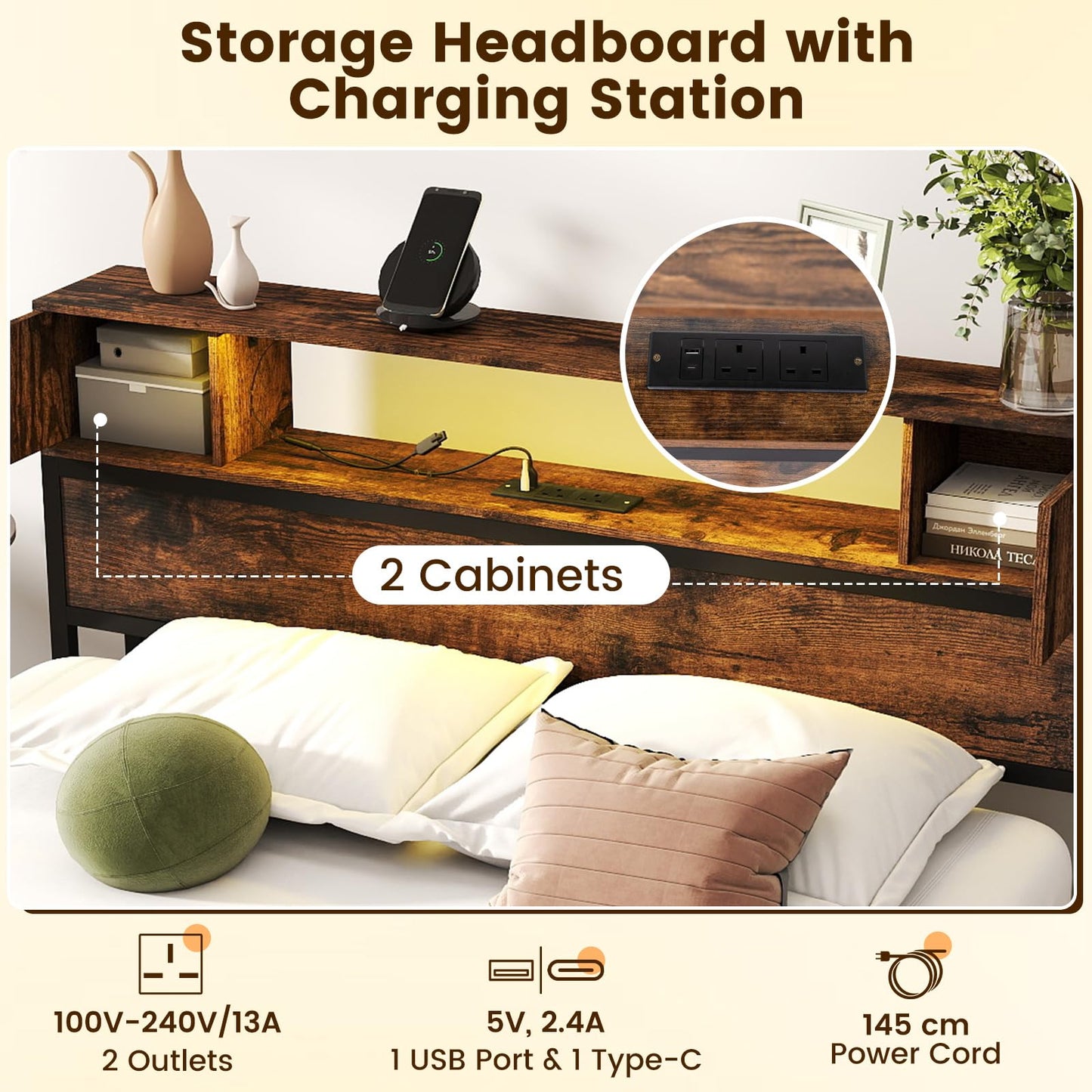 Double Metal Bed Frame with LED Lights, Charging Station