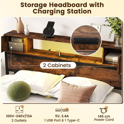 Double Metal Bed Frame with LED Lights, Charging Station