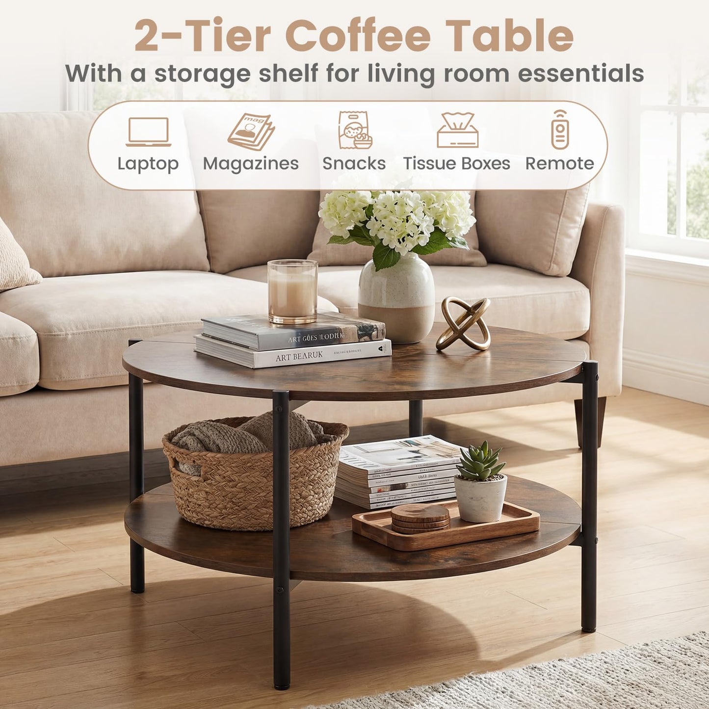 2-Tier Industrial Round Coffee Table with Open Storage Shelf
