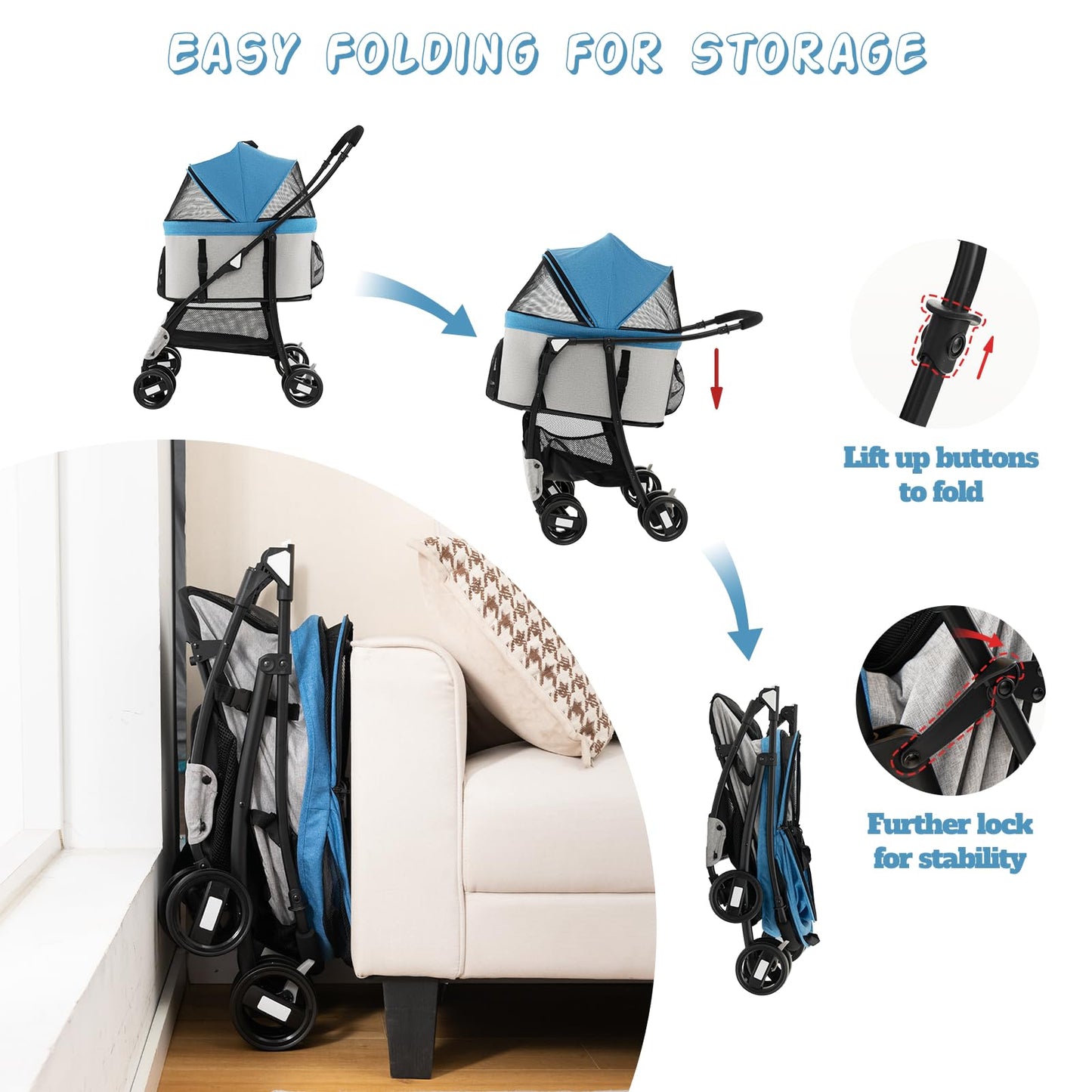 Foldable Pet Stroller with 4-Level Adjustable Canopy and Storage Basket