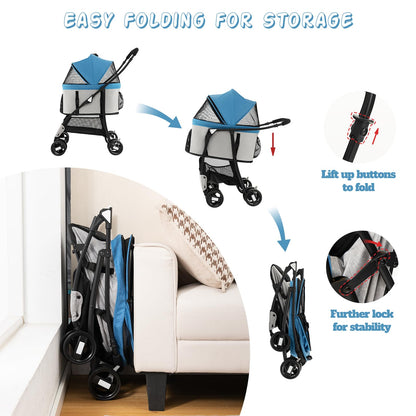Foldable Pet Stroller with 4-Level Adjustable Canopy and Storage Basket