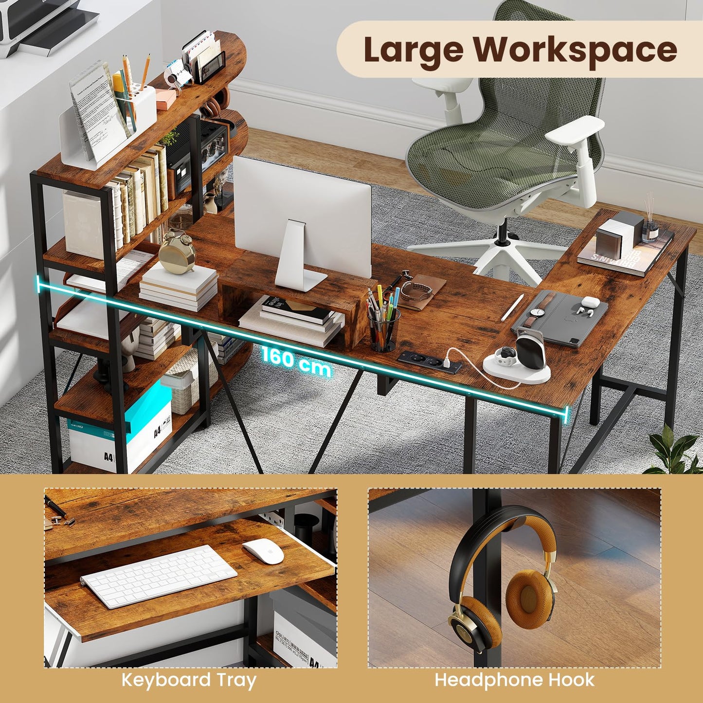 L Shaped Desk with Storage Shelves Corner Computer Desk with Charging Station