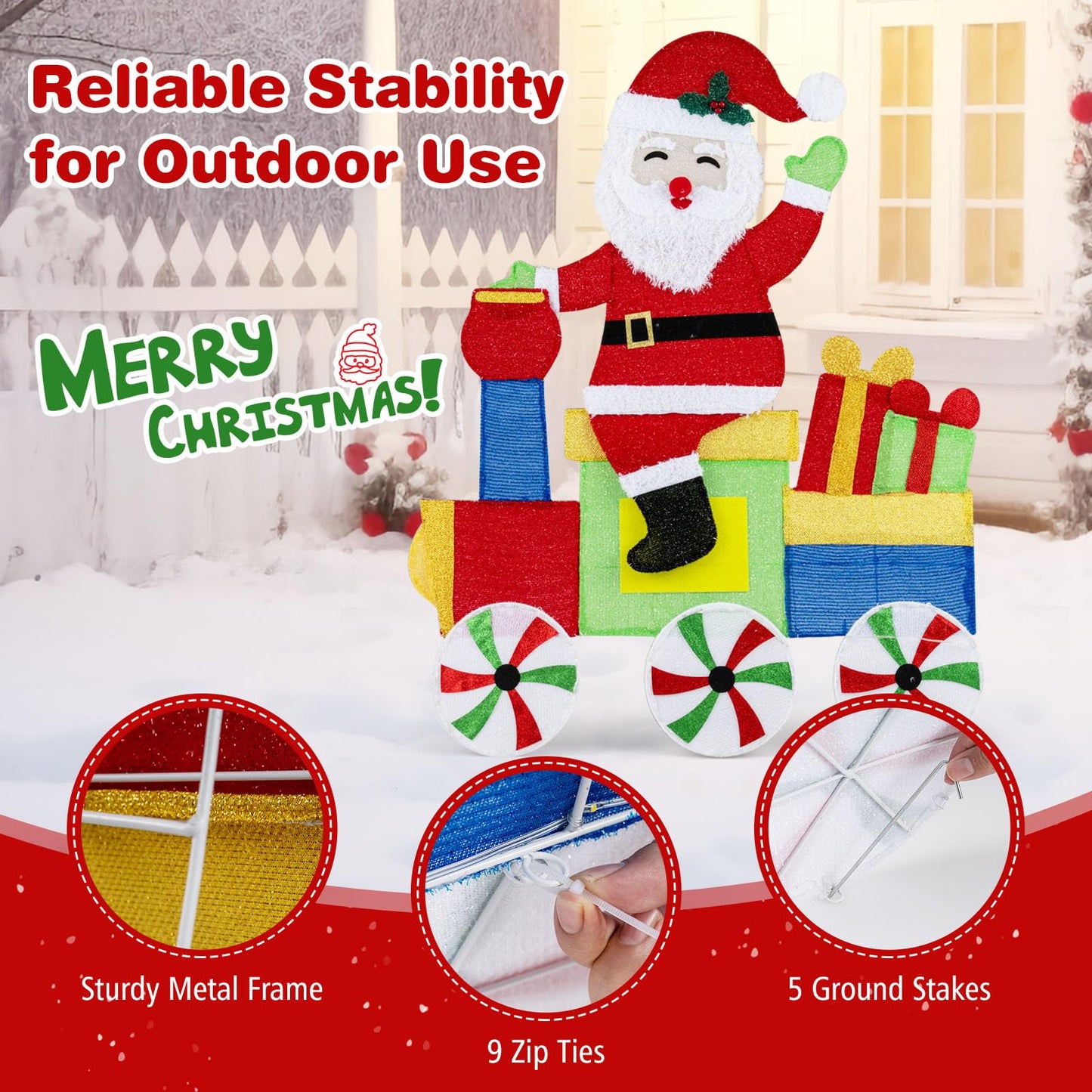 4FT Lighted Santa Claus on Train, 2D Pre-Lit Indoor Outdoor Christmas Decoration