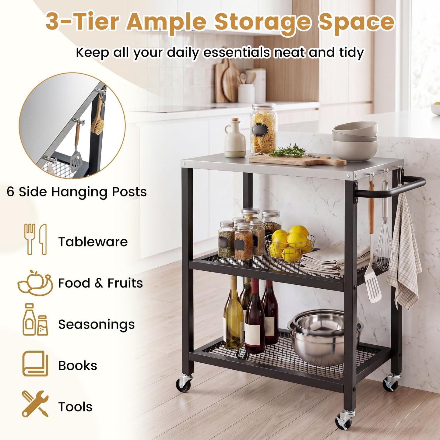 Outdoor Grill Cart on Wheels, Pizza Oven Stand Serving Trolley with Stainless Steel Top, Handle and Hooks