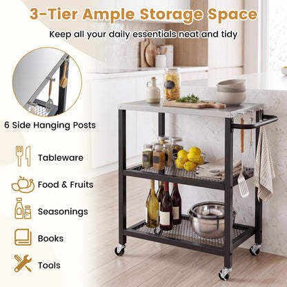 Outdoor Grill Cart on Wheels, Pizza Oven Stand Serving Trolley with Stainless Steel Top, Handle and Hooks