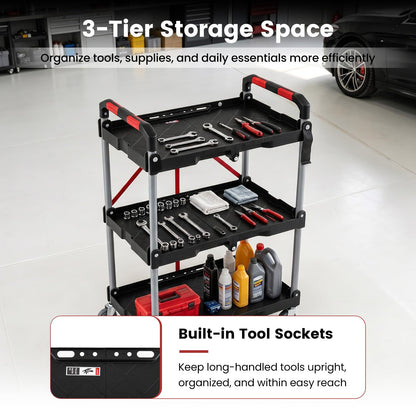 3-Tier Folding Utility Cart with 360° Swivel Wheels for Garage