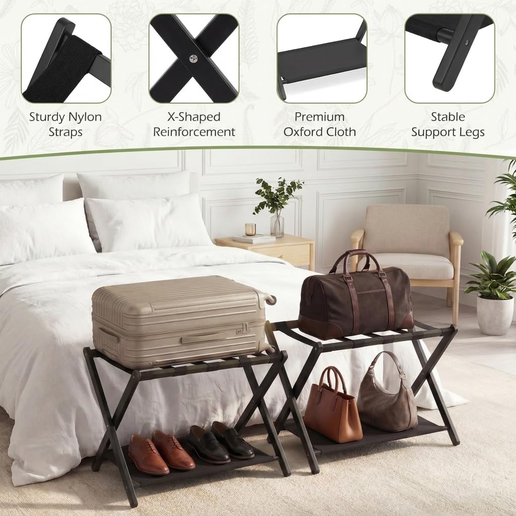 Set of 2 Bamboo Luggage Racks with Nylon Straps and Oxford Cloth Storage Shelves