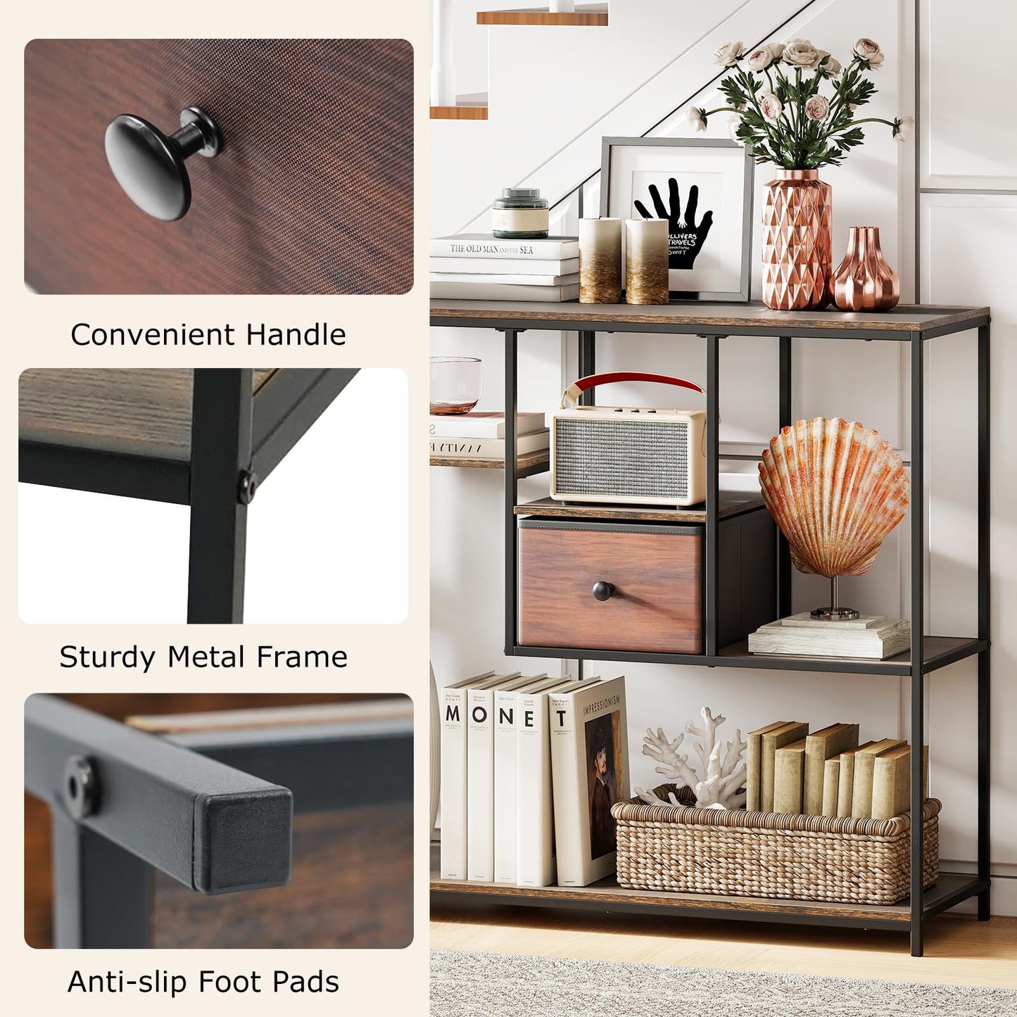100cm Console Table, Narrow Accent Table Slim Hallway Desk with Drawer and 4-Tier Display Shelf