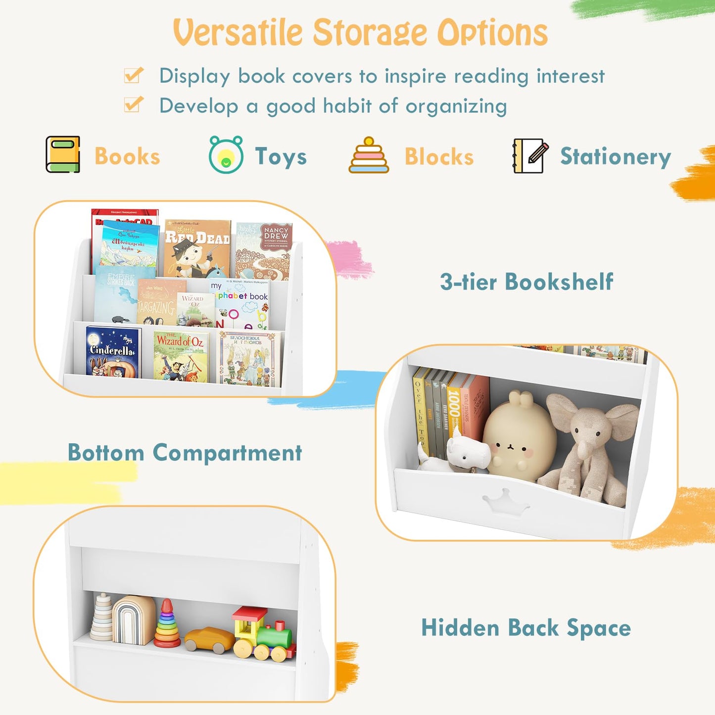 4 Tier Wooden Kids Bookshelf Bookcase Toy Storage Organizer