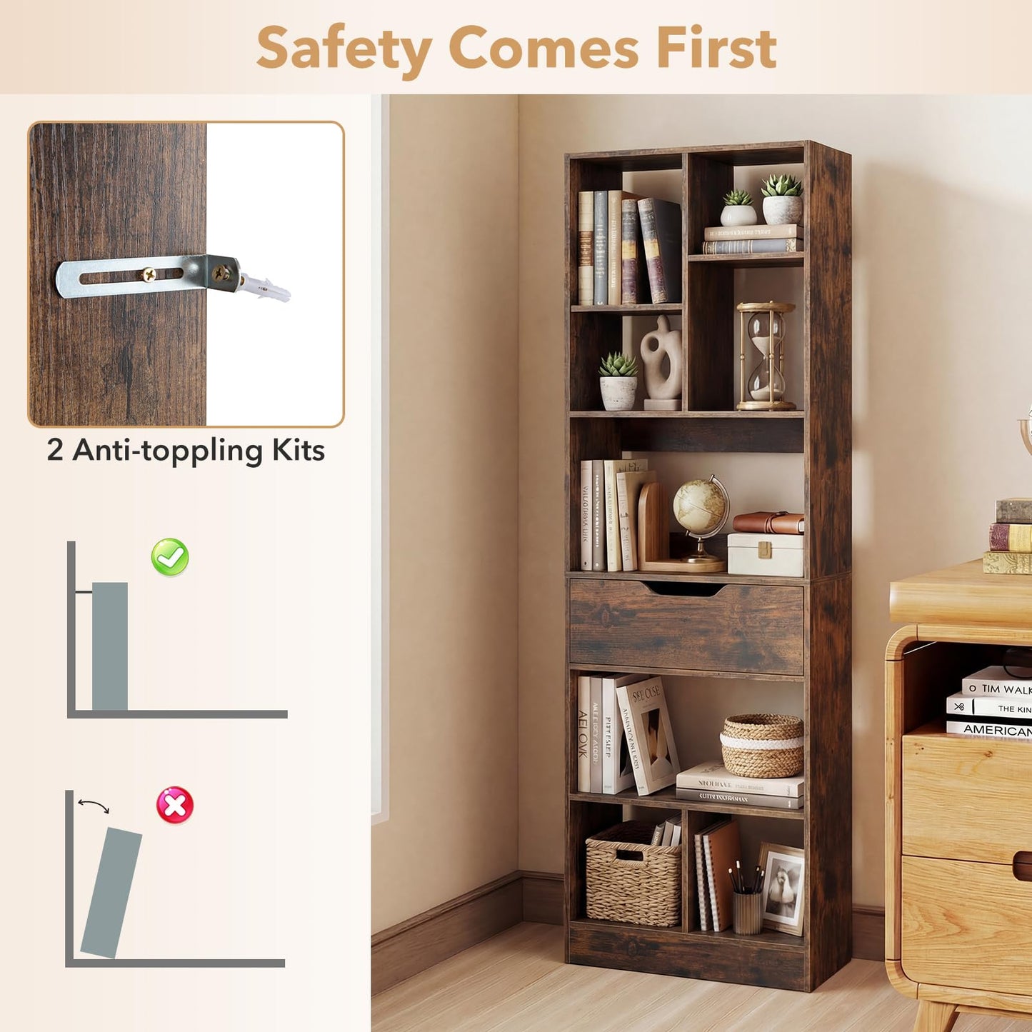 Bookcase with Drawer, Tall Freestanding Bookshelf