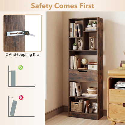 Bookcase with Drawer, Tall Freestanding Bookshelf