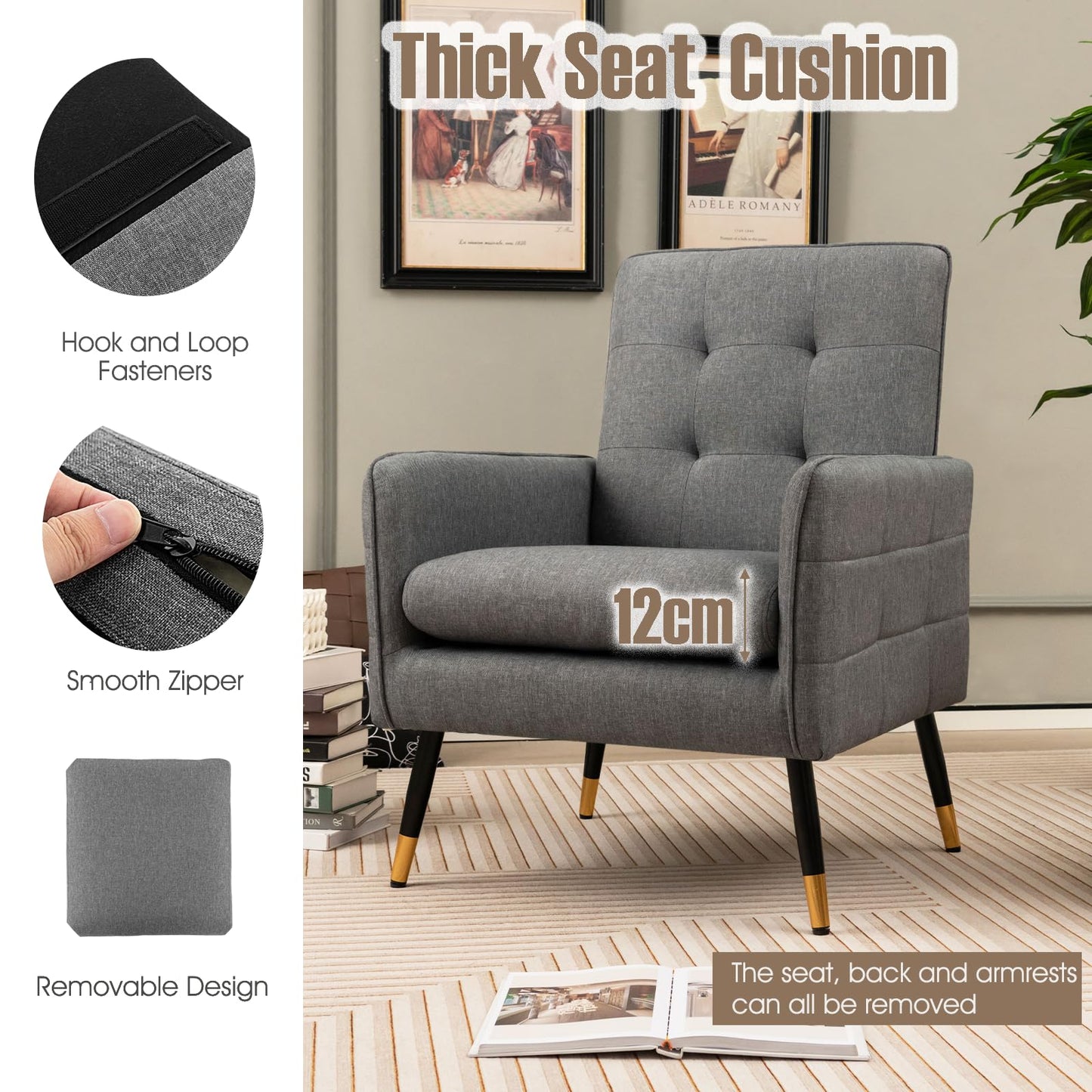 Linen Fabric Accent Chair Single Sofa with Removable Seat Cushion