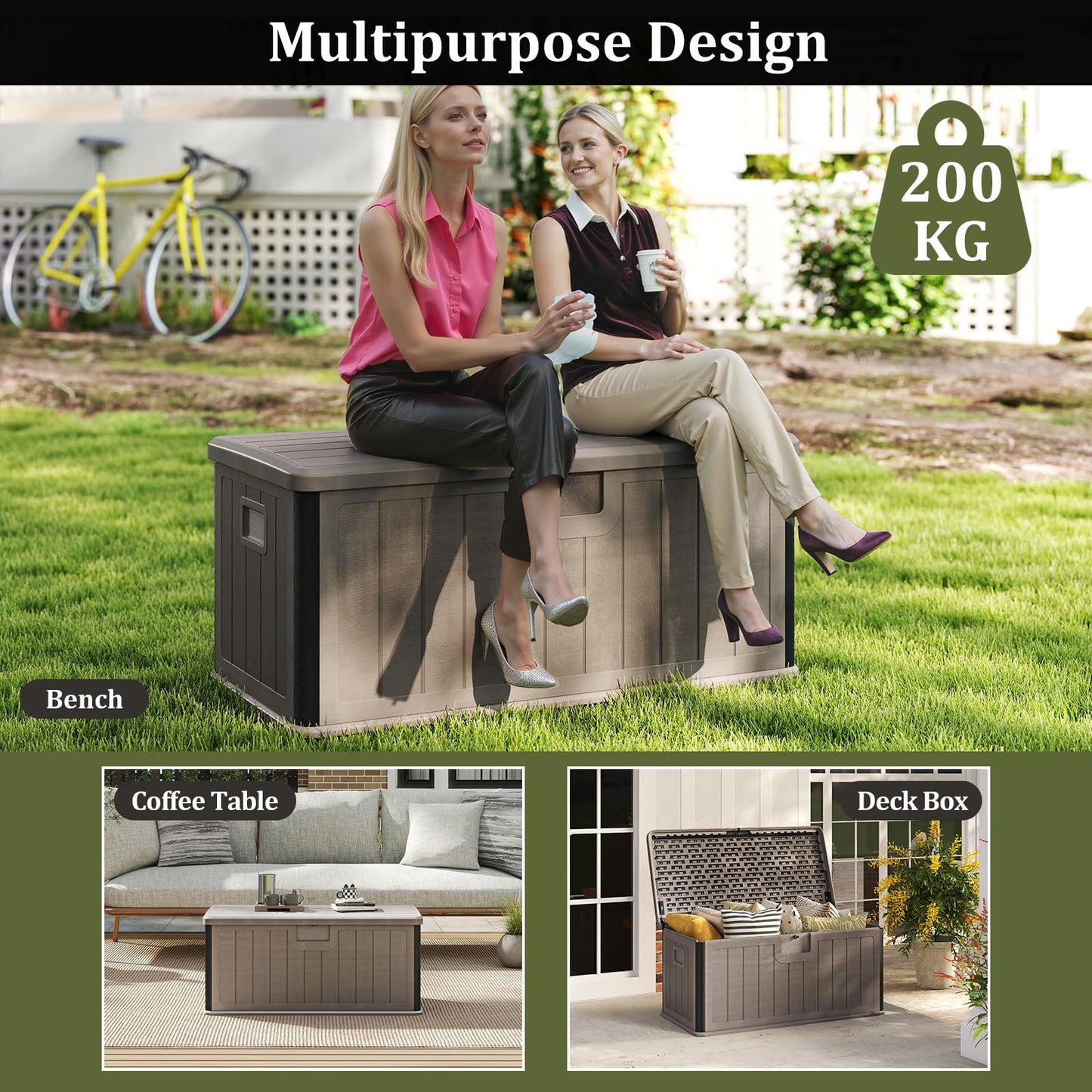 380L Waterproof Resin Deck Box Bench with Lockable Lid & Side Handles