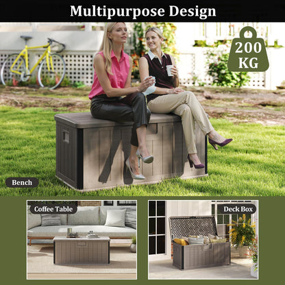 380L Waterproof Resin Deck Box Bench with Lockable Lid & Side Handles