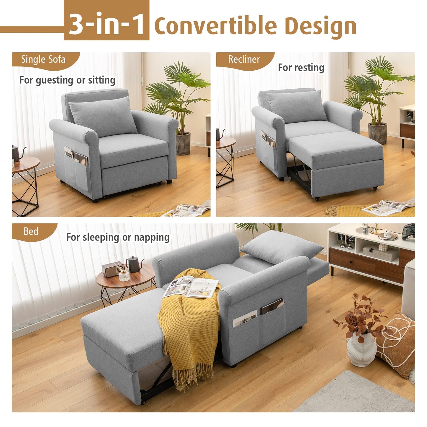 3-in-1 Convertible Sofa Chair Bed Sleeper Couch with Adjustable Backrest