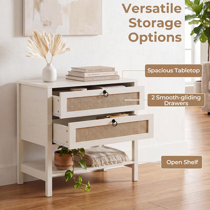 Rattan Bedside Table, Boho Nightstand with 2 Drawers