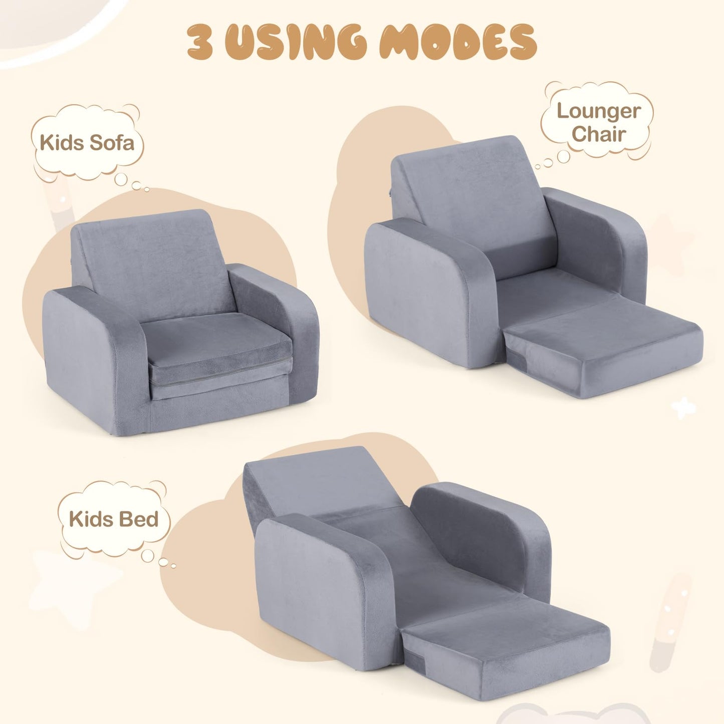Children's Armchair, 3 in 1 Convertible Fold Out Kids Sofa Bed with Velvet Fabric