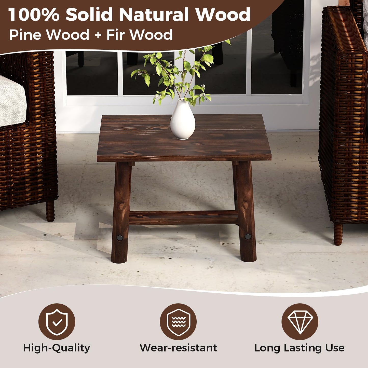 Solid Wood Small Outdoor Coffee Table with Reinforced Crossbar