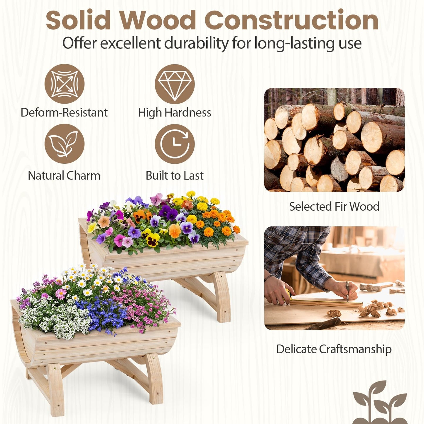 Set of 2 Raised Garden Bed, Half Barrel Fir Wood Planter Boxes with Legs